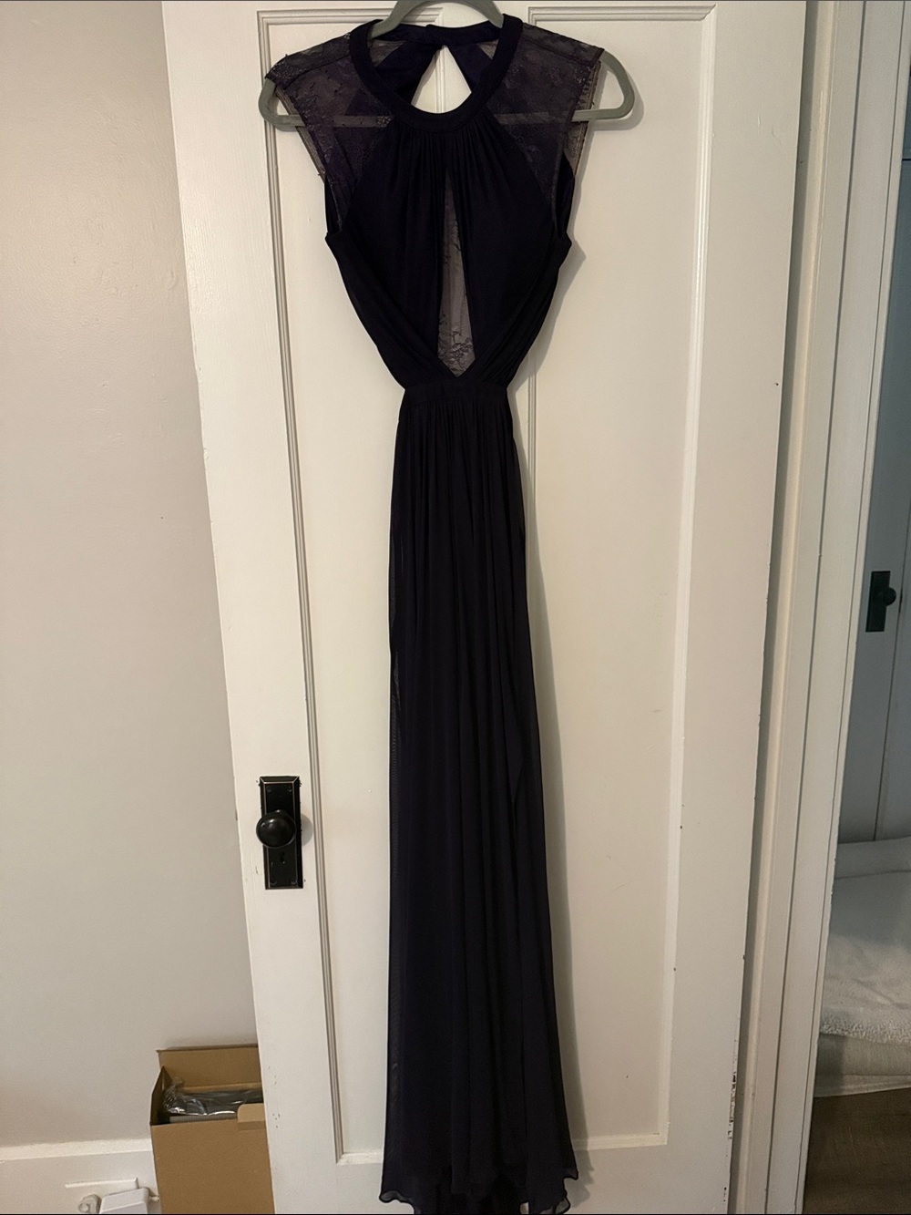 La Femme Dark Purple Lace-Back Maxi Gown